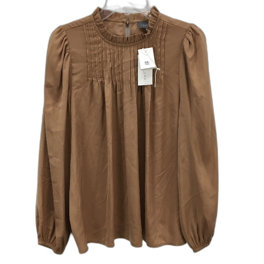 Tokito Petites Camel Tan Silky Long Sleeve Pleat Neck Blouse Ladies Sze 10 NEW
