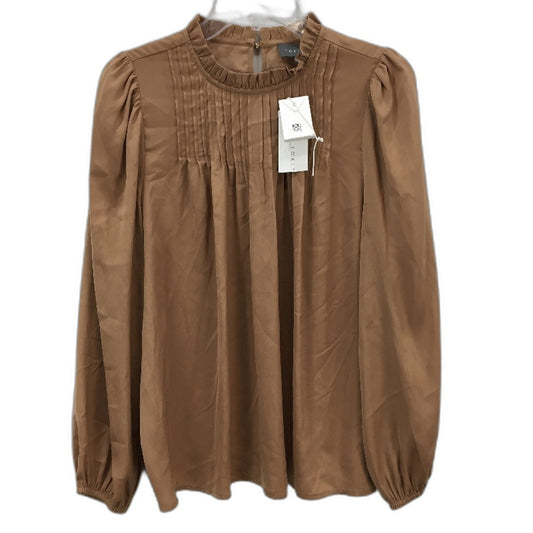Tokito Petites Camel Tan Silky Long Sleeve Pleat Neck Blouse Ladies Sze 10 NEW