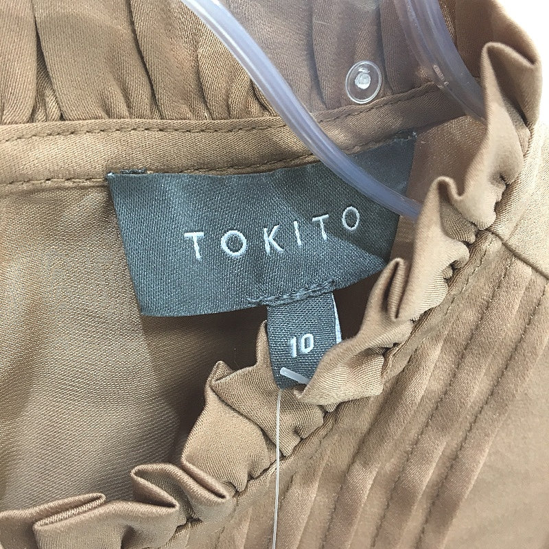 Tokito Petites Camel Tan Silky Long Sleeve Pleat Neck Blouse Ladies Sze 10 NEW