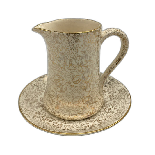 Vintage TF & S Phoenix English Cream With Gold Floral Pront Milk Jug & Saucer