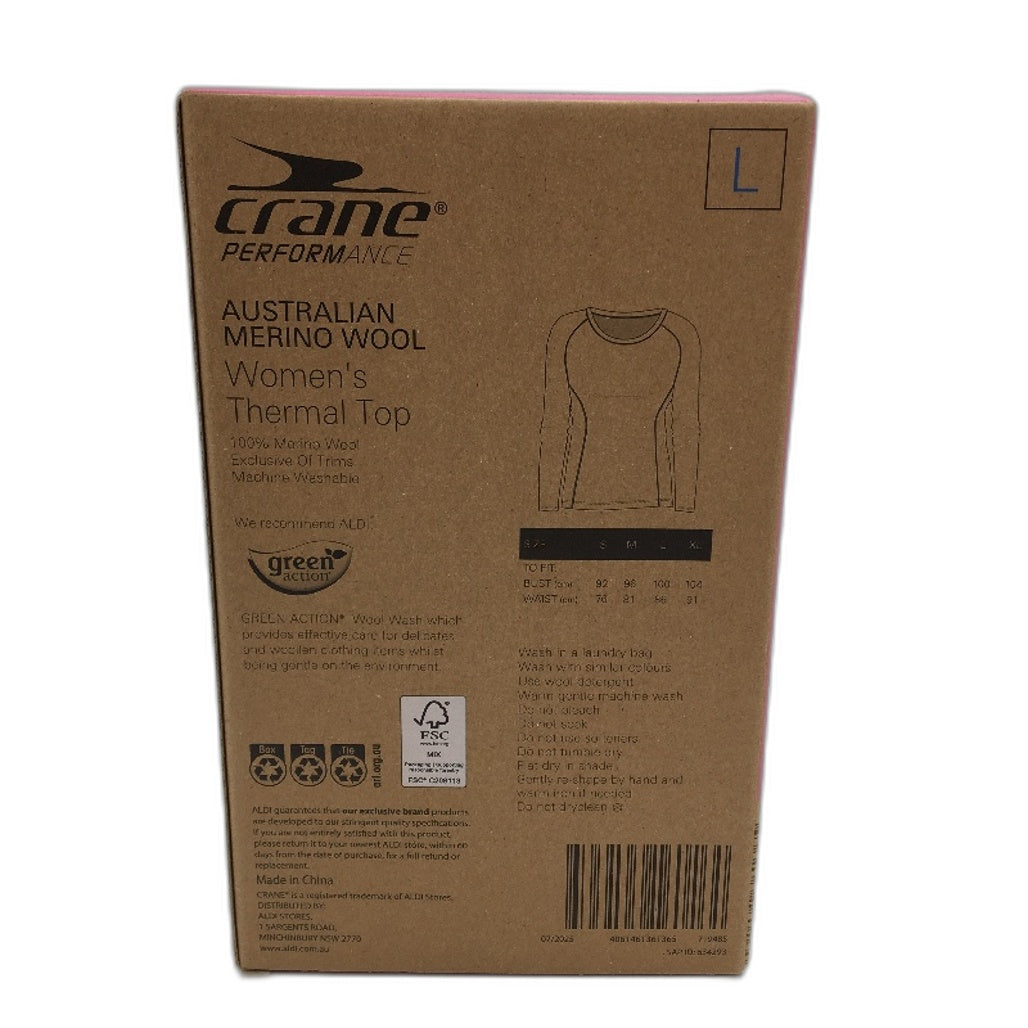 Crane Performance 100% Merino Wool Grey Long Sleeve Thermal Top Ladies Sze L NEW