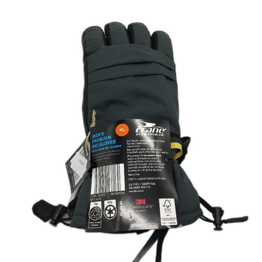Crane Snow Premium Genuine Leather Palm Grey Charcoal Ski Gloves Mens Sze XL NEW