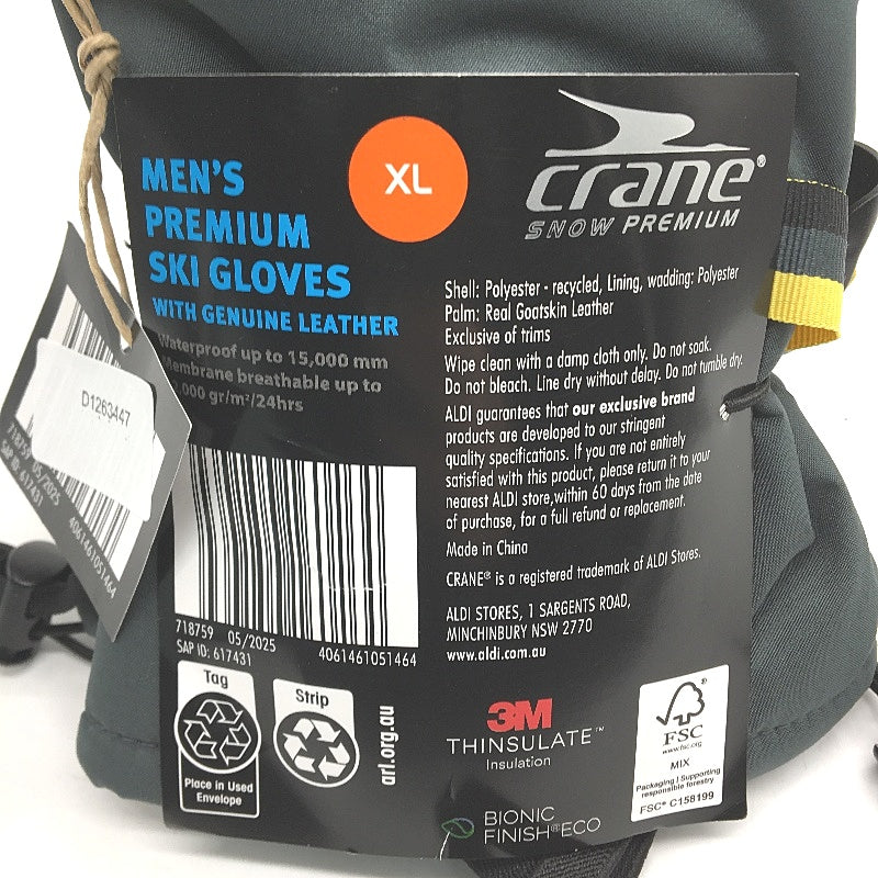 Crane Snow Premium Genuine Leather Palm Grey Charcoal Ski Gloves Mens Sze XL NEW