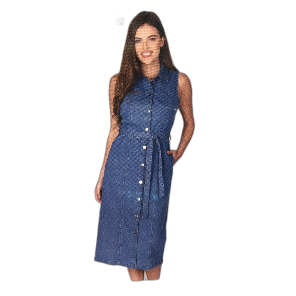 Serra Button Up Tie Waist Longline Blue Denim Dress Ladies Size 10 NEW