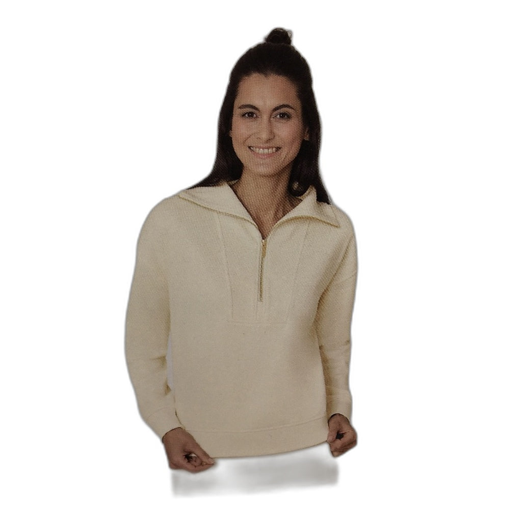 Serra Cotton Blend Quarter Zip Ribbed Waist Cream Sweat Top Ladies Size 18 NEW