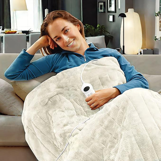 SOQ Beige Electric Heated Throw Rug Snuggle Blanket 9 Smart Heat Settings NEW