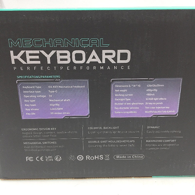 Kioom Mechanical Keyboard Blue Switches 104 Keys Ergonomic Fast Response NEW