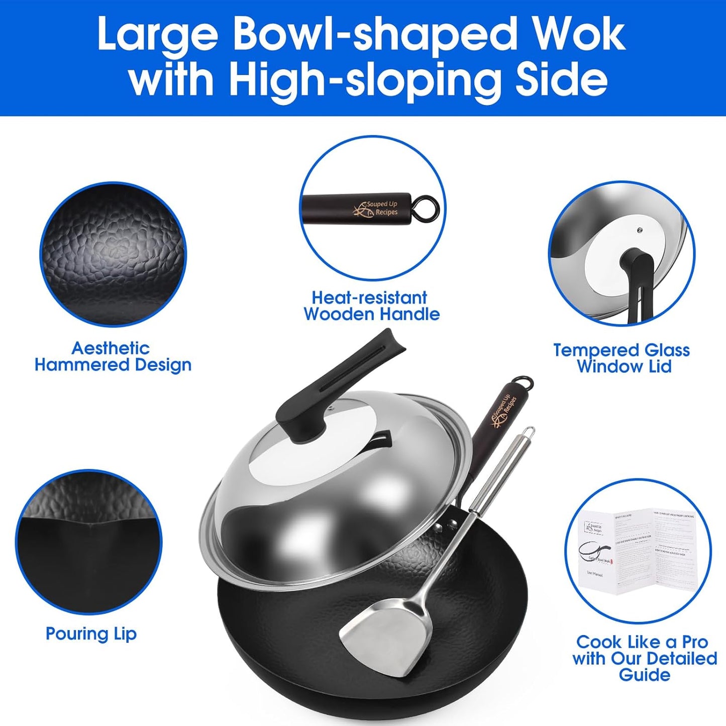 Souped Up Recipes Preseasoned 13.4 Inch Carbon Steel Wok With Lid & Spatula NEW