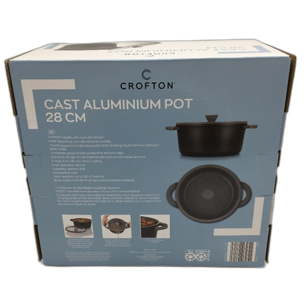 Crofton 28cm Die Cast Aluminium Pot  6,8L Heat Insulating Silicone Handles NEW