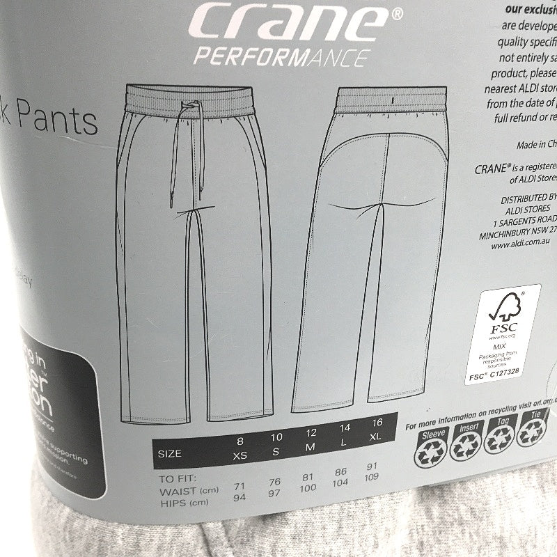 Crane Performance Mid Grey Straight Leg Cotton Blend Track Pants Ladies M NEW