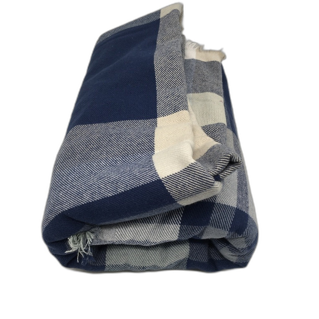 Kirkton House Soft Cotton Lightweight Navy Tan Check Throw Blanket 250cm NEW