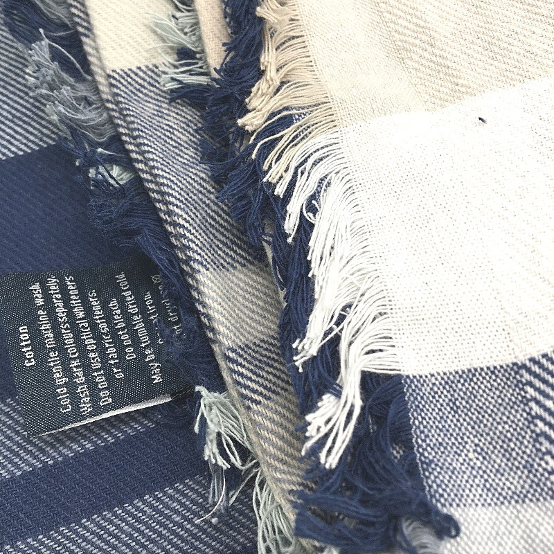 Kirkton House Soft Cotton Lightweight Navy Tan Check Throw Blanket 250cm NEW
