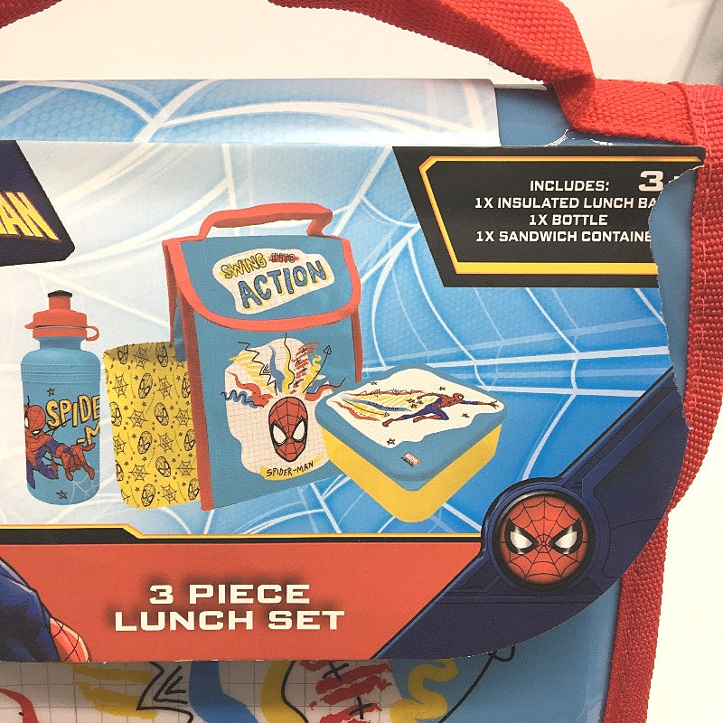 Marvel Spiderman 3 PCS Lunch Set Sandwich Container Water Bottle & Lunch Bag NEW