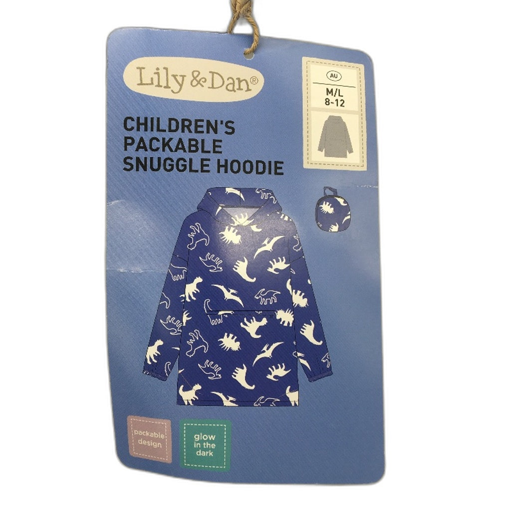 Lily & Dan Blue Dinosaur Glow In Dark Packable Snuggle Hoodie 8-12Yrs Sz M/L NEW