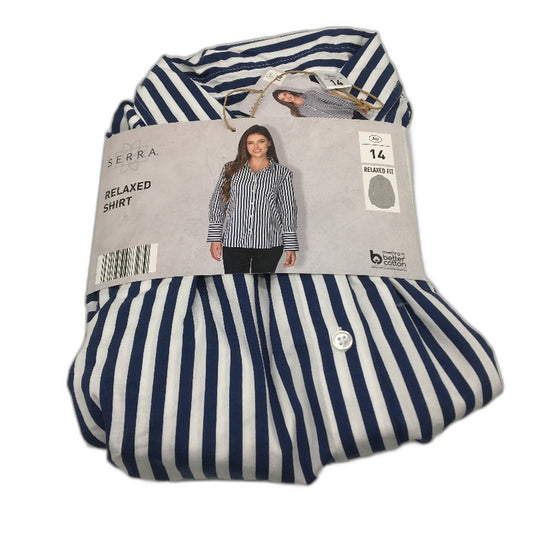 Serra 100% Cotton Navy Striped Long Sleeve Relaxed Fit Shirt Ladies Size 14 NEW