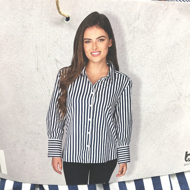 Serra 100% Cotton Navy Striped Long Sleeve Relaxed Fit Shirt Ladies Size 14 NEW