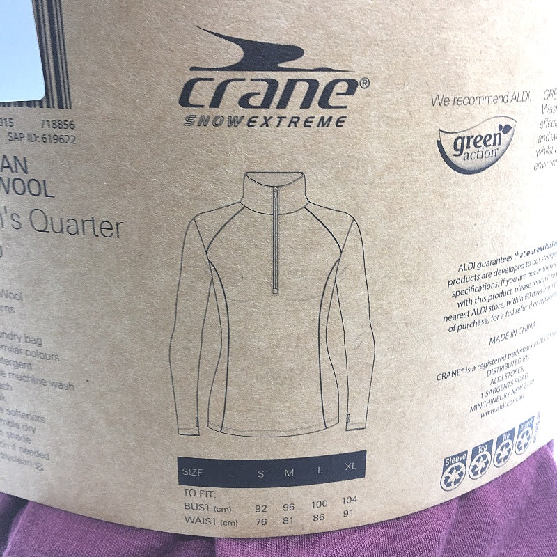 Crane Mulberry Australian 100% Merino Wool Quarter Zip Top Ladies Size L NEW