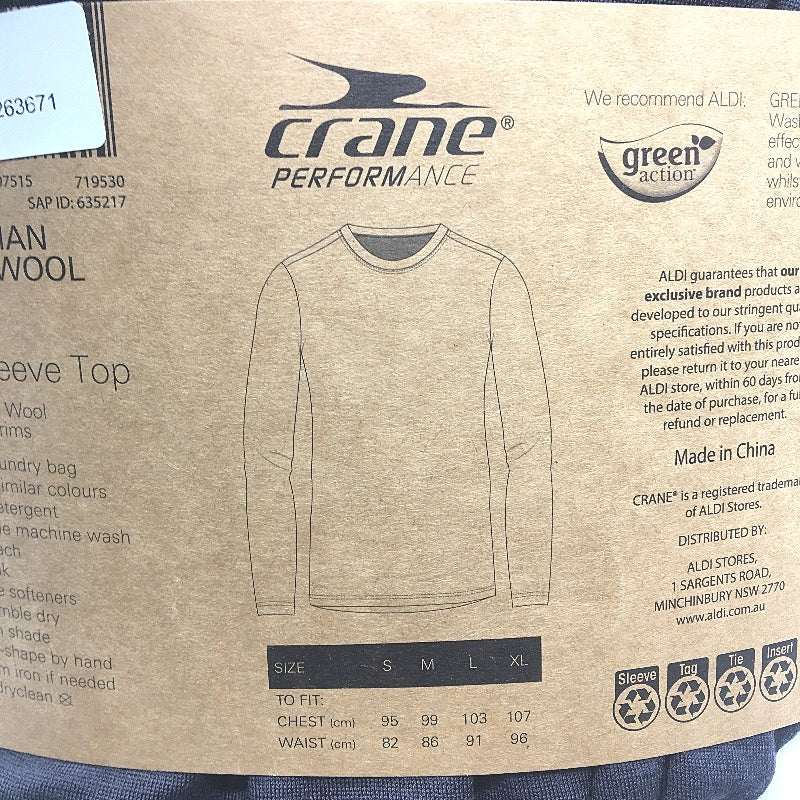 Crane Performance 100% Merino Fine Wool Grey Long Sleeve Top Mens Size L NEW
