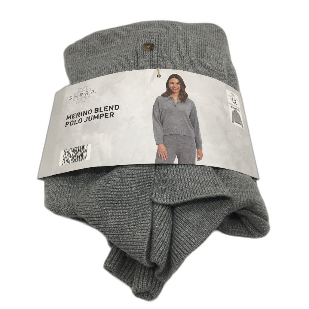 Serra Grey Merino Wool Blend Regular Fit Polo Collared Jumper Ladies Size 12 NEW