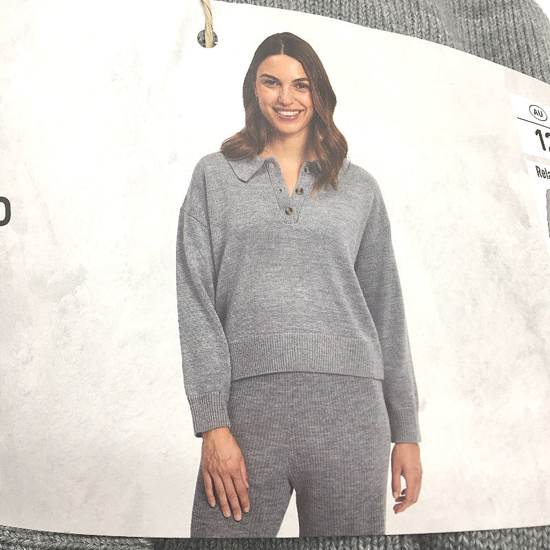Serra Grey Merino Wool Blend Regular Fit Polo Collared Jumper Ladies Size 12 NEW