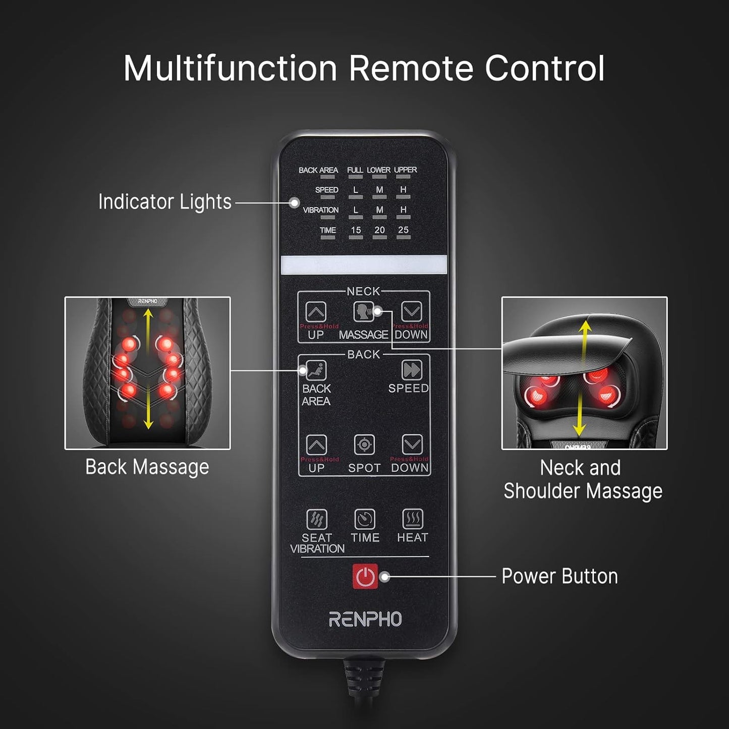 Renpho RF-BM066 Back and Neck 3 Mode Heated Shiatsu Massage Cushion Chair NEW