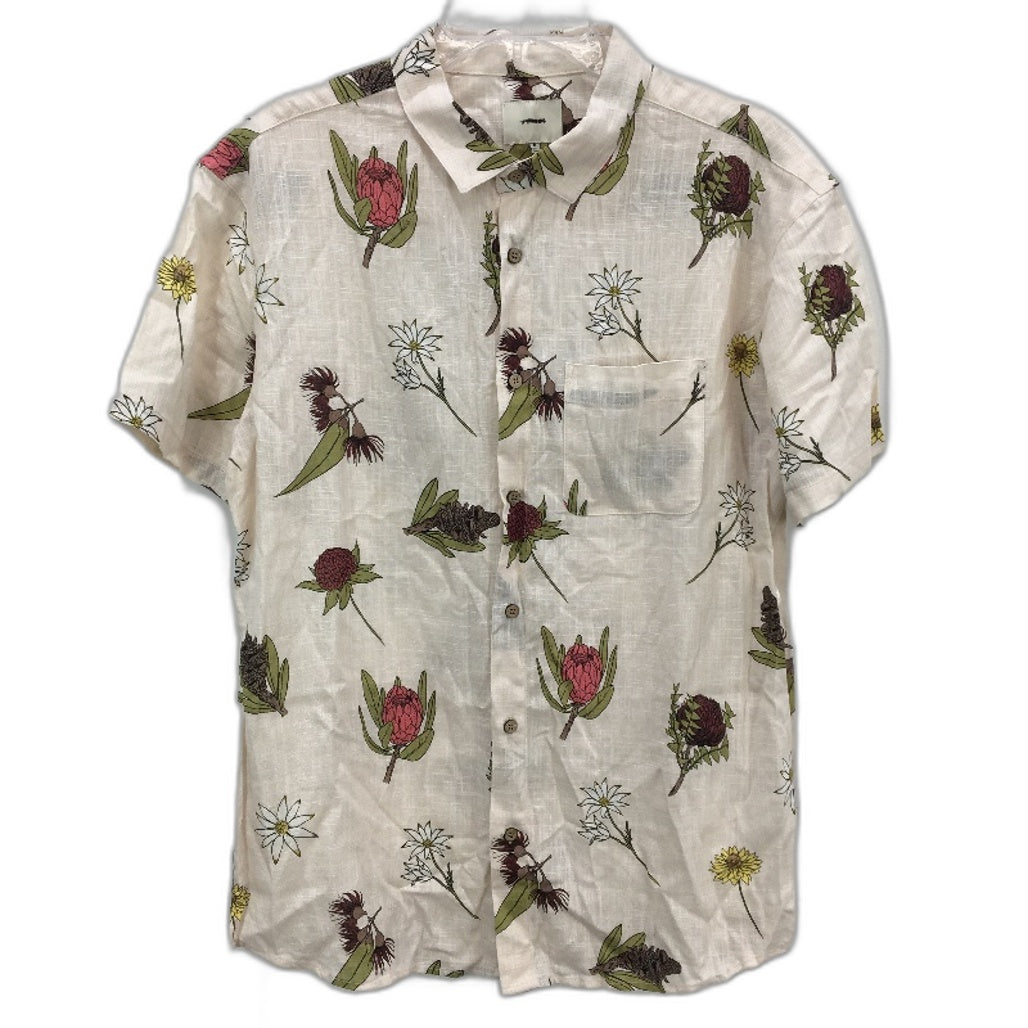 Arvust Floral Cream Short Sleeve Linen Blend Resort Shirt Mens Size Medium NEW