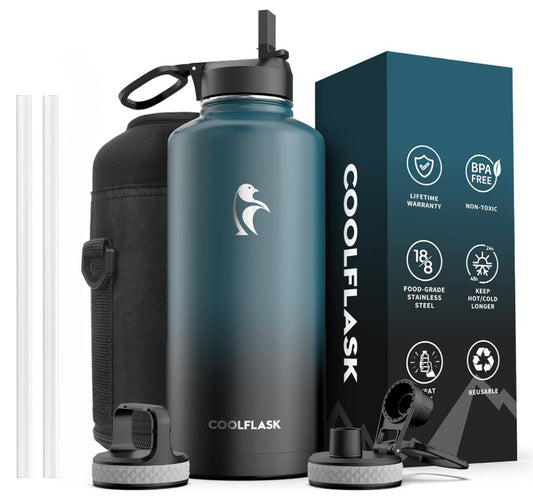 Coolflask Large Water Bottle 87oz 2.5 Litres With Straw & 3 Lids Insulated