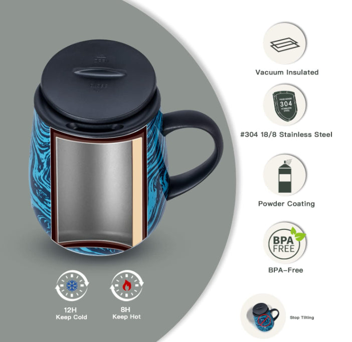 Ideus Coffee Mug 470ml Double Wall Vacuum Insulated Stainless Steel Hot & Cold
