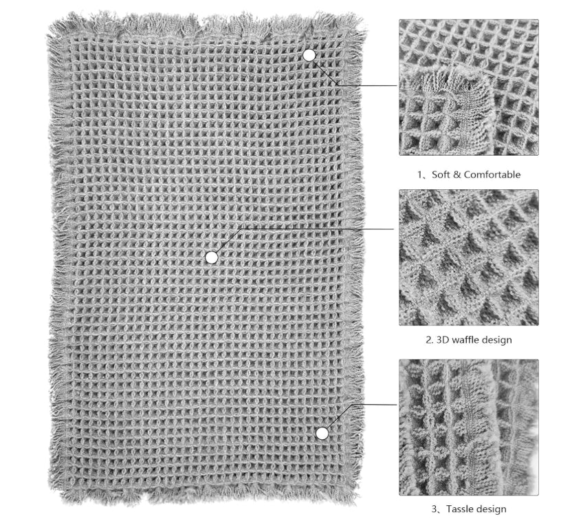 Grey Waffle Bath Mat Non-Slip Plush Bathroom Floor Rug Tassles Absorbent