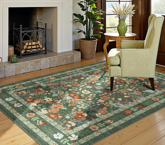 Deerly Green Rug Floral Boho Small Area Rug Vintage Style Floor Mat