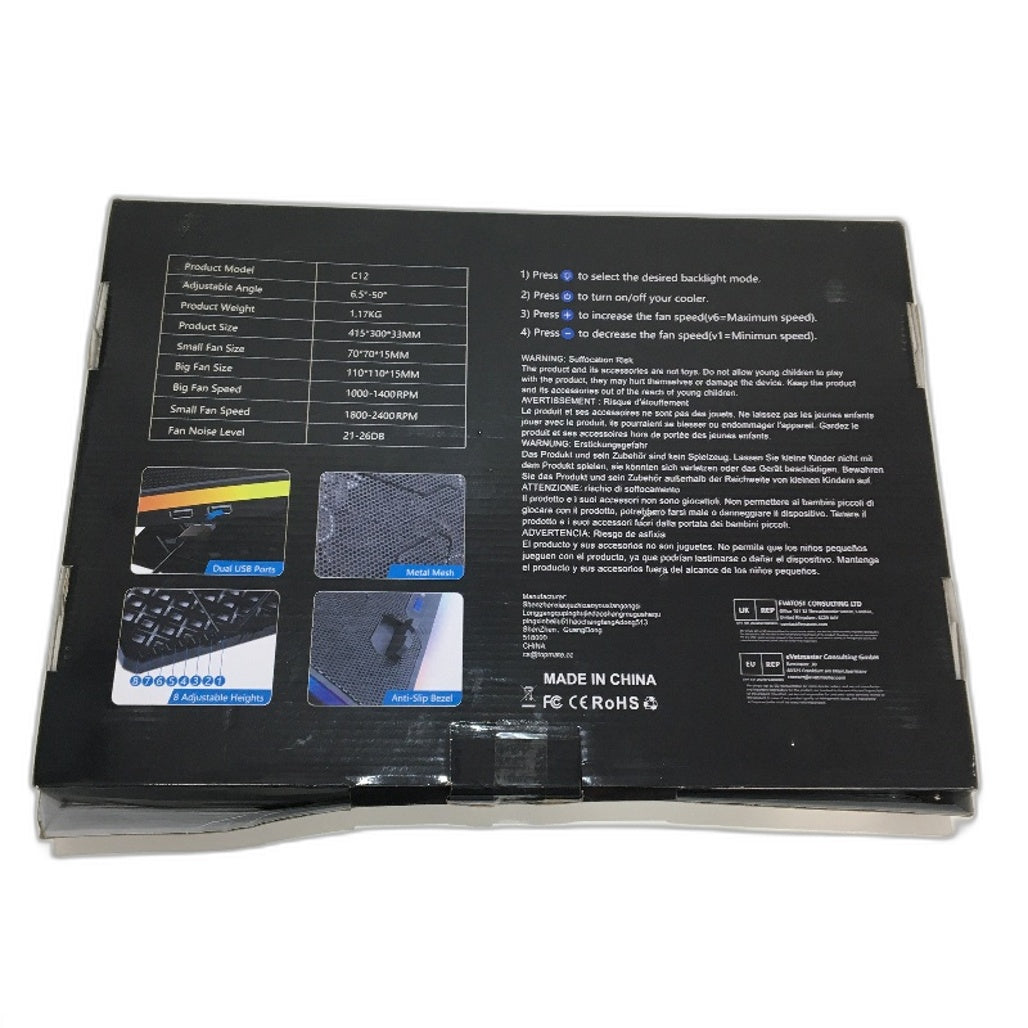 TopMate C12 Laptop Cooling Fan Pad RGB Gaming Notebook Cooler Stand Adjustable