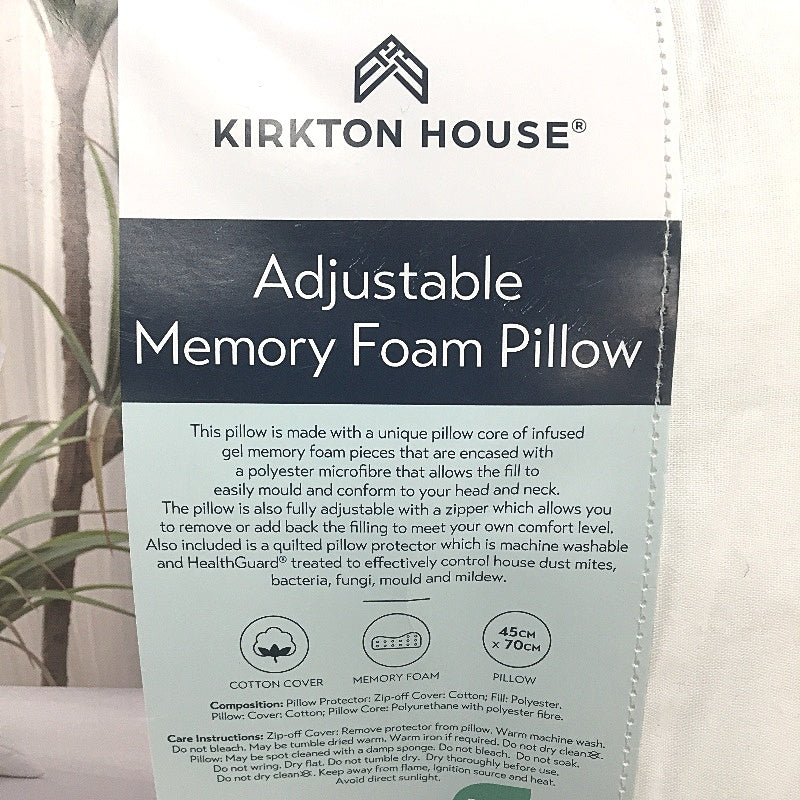 Kirkton House Adjustable Memory Foam Pillow With Removable Cover Traditional NEW