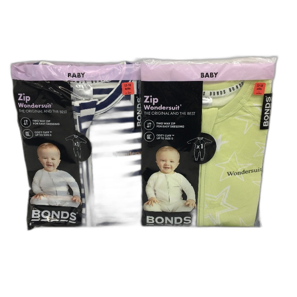 Bonds 2 Pack Navy Stripe & Lime Star Zip Wondersuits Pack 12-18 Months Sze 1 NEW