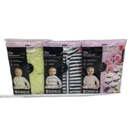 Bonds 3 Pack Navy, Lilac & Lime Star Zip Wondersuits Pack 12-18 Months Sze 1 NEW