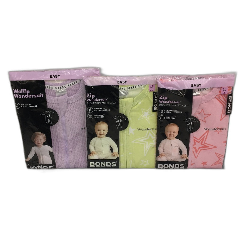 Bonds 3 Pack Waffle, Pink & Lime Star Zip Wondersuits Pack 6-12 Months Sze 0 NEW