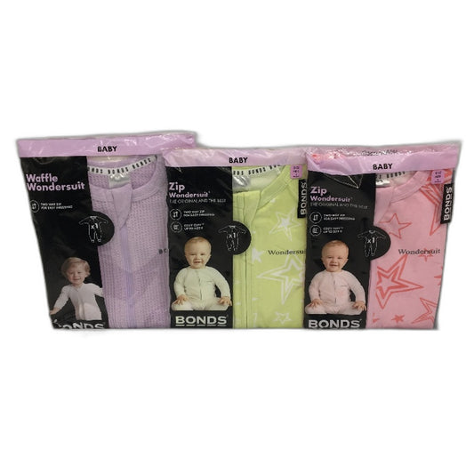 Bonds 3 Pack Waffle, Pink & Lime Star Zip Wondersuits Pack 6-12 Months Sze 0 NEW