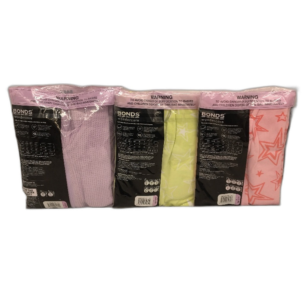 Bonds 3 Pack Waffle, Pink & Lime Star Zip Wondersuits Pack 6-12 Months Sze 0 NEW