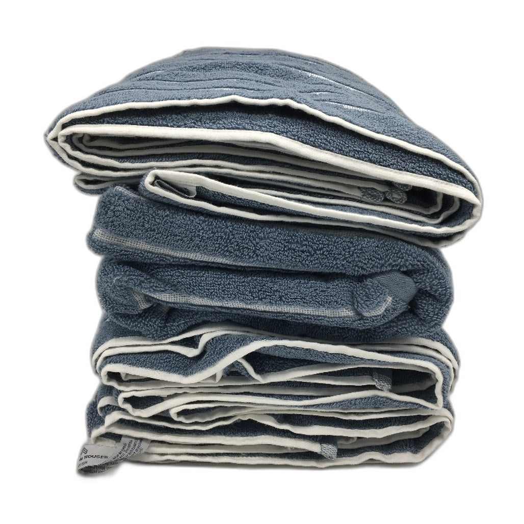 Kirkton House Set of 4 100% Cotton Blue Ribbed Striped Bath Towel Pack NEW