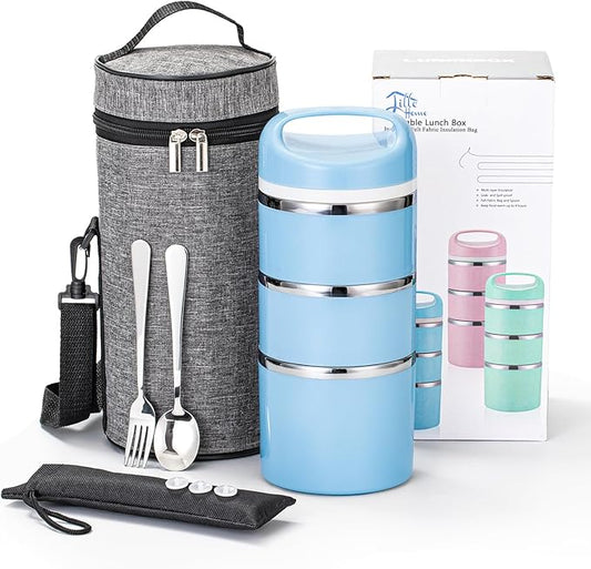 Lille Home 3 Tier 1380ml Stackable Insulated Stainless Steel Blue Lunch Box NEW