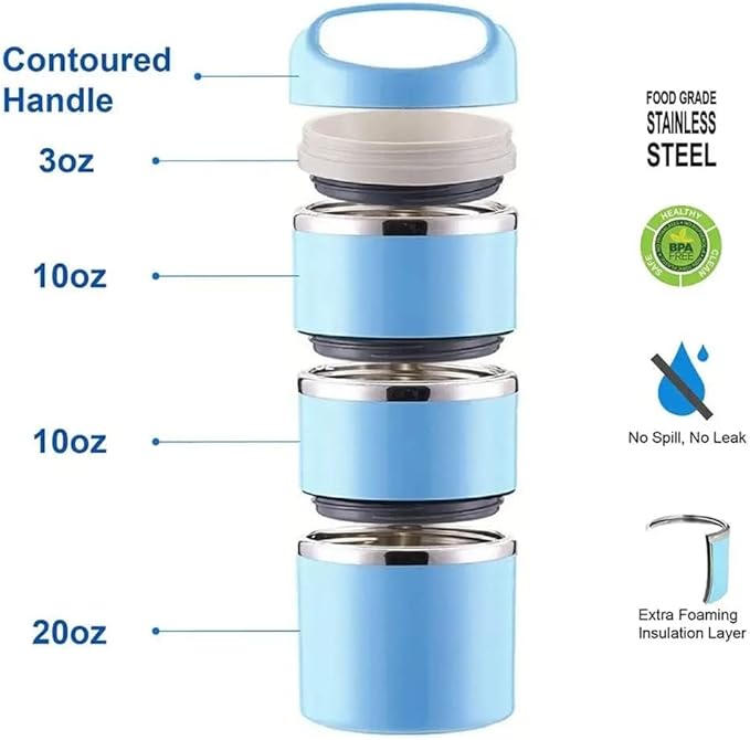 Lille Home 3 Tier 1380ml Stackable Insulated Stainless Steel Blue Lunch Box NEW