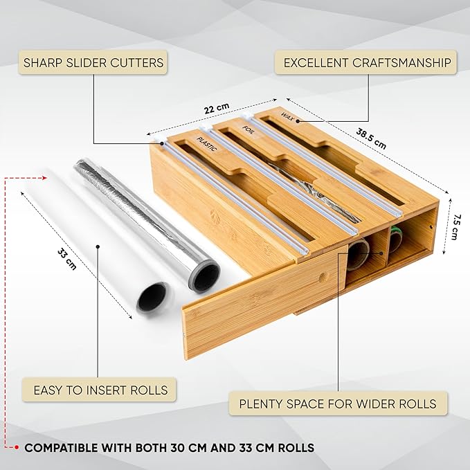 Greener Living 3 in 1 Bamboo Wood 30-33cm Cling Wrap Roll Dispenser NEW