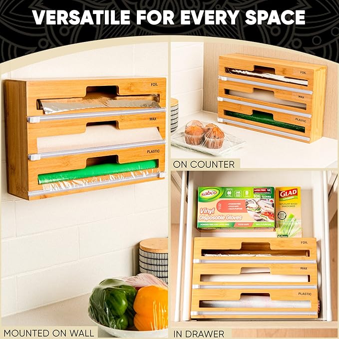 Greener Living 3 in 1 Bamboo Wood 30-33cm Cling Wrap Roll Dispenser NEW