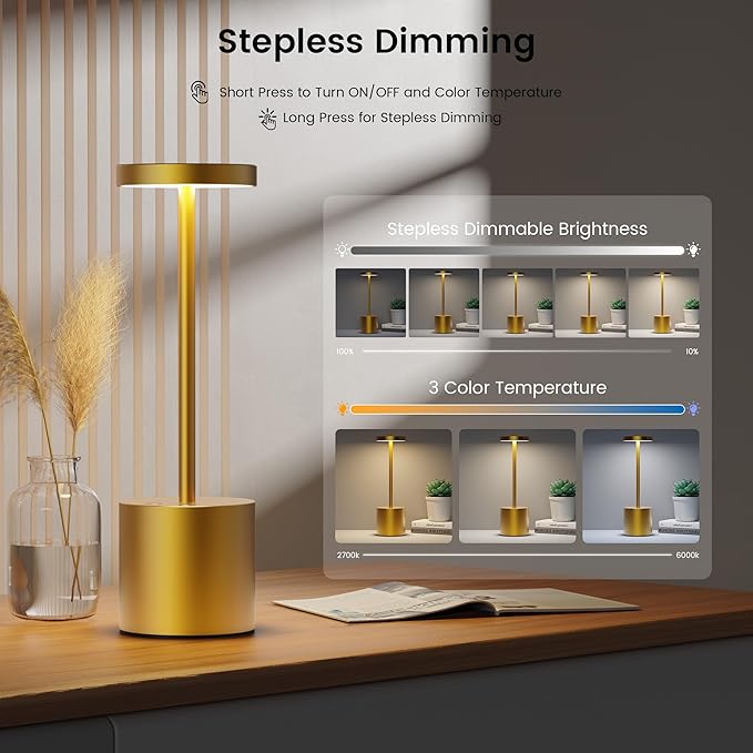 2 Pack Gold Cordless 5V-1A Dimming Touch Minimalist Table LED Lamp NEW