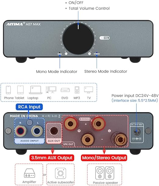 Aiyama A07 MAX 2 Channel 48V Mono Stereo HiFi Mini Audio Amplifier NEW