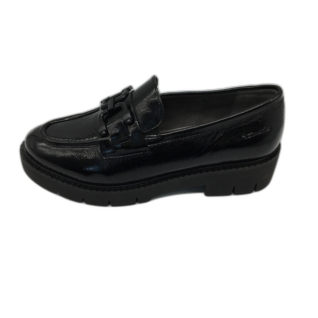 Tamaris Comfort Glossy Leather Wedge Heel Loafer Black Ladies Size US 10 NEW