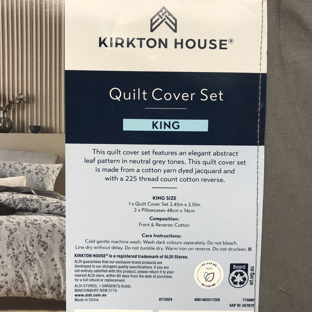 Kirkton House Grey Pattern Quilt Cover Set KING NEW