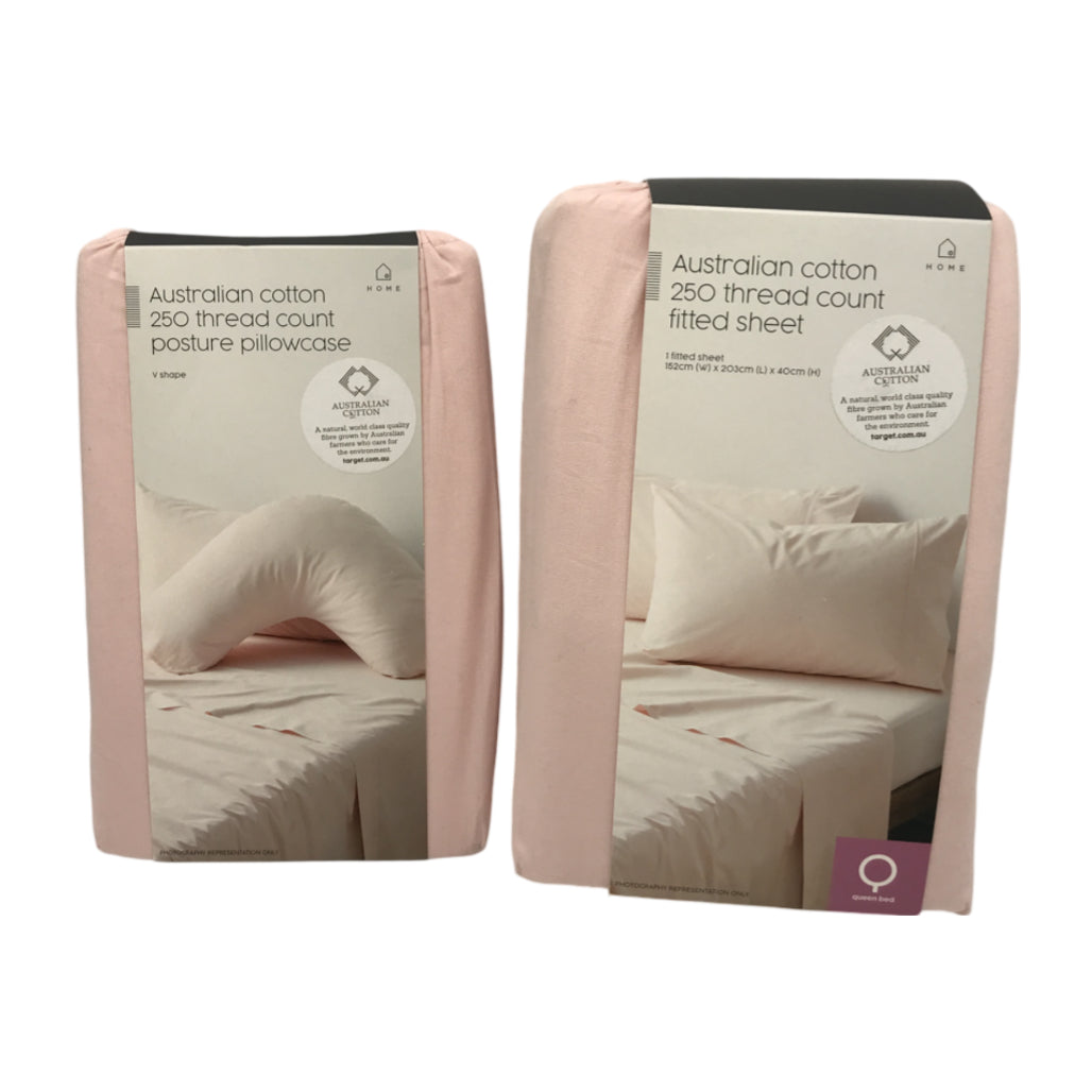 Target Aust. Cotton Queen Fitted Sheet & V Shape Pillowcase Pack Pink NEW