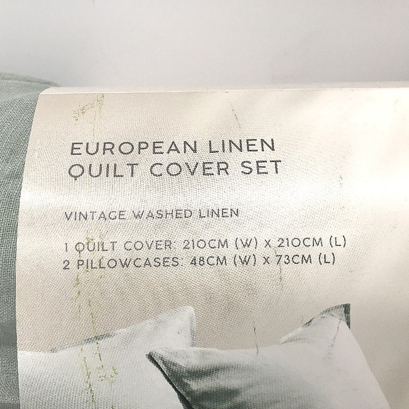 European Vintage Washed Mint Green Linen Quilt Cover Set of 3 NEW