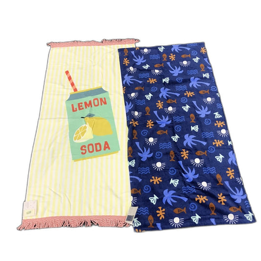 Set of 2 Lemon Soda & Beach Life Velour Printed Beach Towels NEW