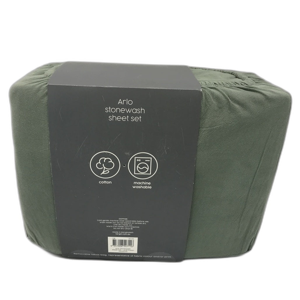 Arlo Stonewash Forest Green Cotton Queen Sheet Set NEW